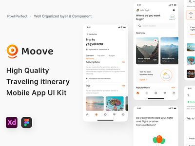 Moove UI Kit - Full Preview app clean collage version date picker flat flat illustration holiday itinerary light mode minimal mobile mobile app onboarding orange payment trip ui ui kit ux vacation