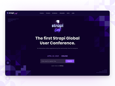 StrapiConf 2021 🎙 card conference geometrical kevincdnc landing logo logos photobooth registration registration page retro shapes speaker strapiconf website