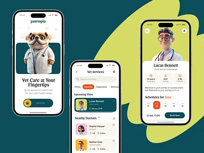 Vet Services – Pawtopia App 3d branding cat clean doctor dog graphic design illustration midjourney minimalism pet care pets services simple ui uiux user friendly vet veterinary