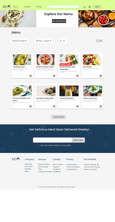 Green meal menu's landing page product design ui ux