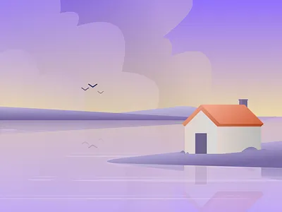 Cabin art blue cabin coast design home house illustration land landscape ocean sea water yellow