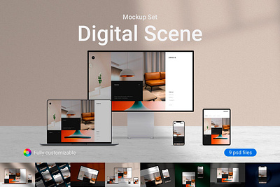 Digital Scene Mockup Set app apple dark device digital display exhibition imac ipad iphone isometric light macbook mockup presentation promo scene showcase web website