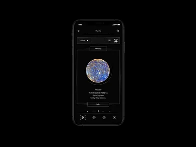 Mobile interactive space encyclopedia app app design black clean color dark dark app dark mode dark theme dark ui design galaxy minimal planet simple space spacex ui ux web
