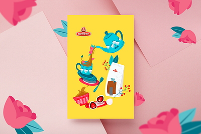 poster with crazy tea party colorful design illustration illustrator postcard poster poster design tea teapot vector yellow