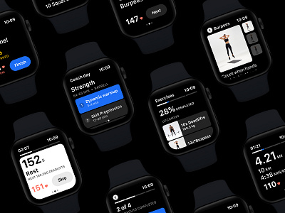 Freeletics Apple Watch app for training and running app apple watch bodyweight calories tracking dark theme data visualization data viz fitness fitness app fitness data heart rate ios running running app tracking training app ui ux wearables