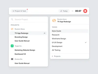 Tack - Time Tracker clean component dropdown list options popover projects selector timer tracker ui ux widget