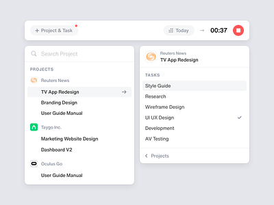 Tack - Time Tracker clean component dropdown list options popover projects selector timer tracker ui ux widget