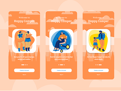 Happy Camper Onboarding app camping design hiking illustration onboarding onboarding screen onboarding ui ui ux