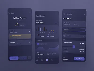 Finance App (Dark Theme) business dark theme finance finance app finance business finances fintech fintech app fintech branding invoice invoice design invoices invoicing pending preview profile purple sales unpaid yellow