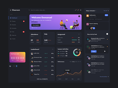 Classroom Dashboard class dashboard clean ui dark app dark mode dark theme dark ui dashboard online online class online classes product design productdesign school dashboard web app webdesign