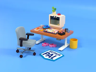 Work from home 3d illustration 3d rendering automotive car repair company computer cute design team keyboard office office chair office space remote work setup toys wfh work from home work station