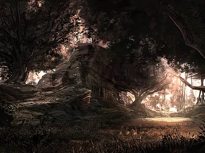 Golden Grove environment forest landscape rocks sunset trees