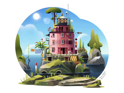 Dream Team Collaboration: Lighthouse Four animation animation design blue sky clouds collaboration collaborative illustration art island lighthouse motion design motion graphics pink plants rocketship sea sound sound design spaceship trees water