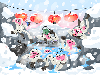 Pool party Japan hot springs japan lanterns monkey monkeys mountain onsen party pool snow