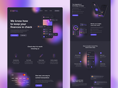 Fintech landing page colorful concept dark dark mode dark ui design desktop figma finance glassmorphism gradient homepage landing landingpage typogaphy ui uidesign web website website design