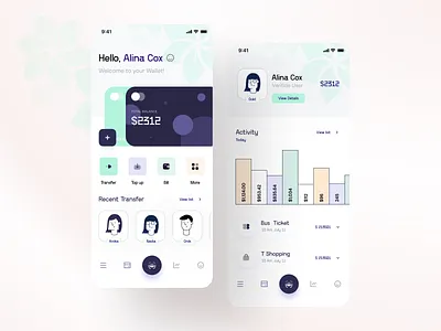 wallet app exploration ( Home+ profile) activity analysis app banking colour finance finance app fintech flat design home illustration interface ios minimal mobile ui profile statistics ui ux visual