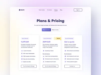 Aura Website – Pricing Page 3d icons design gradient icons interface landing page minimalist music pricing pricing page typography ui ux web website