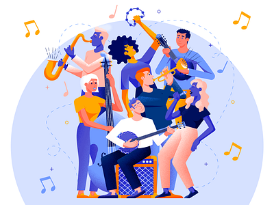 The Music Band banjo character character design design double bass flat girl guy illustration mandolin music app music application musician saxophone singer texture trumpet vector