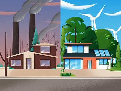 The Environmental Behavior art behavior building clean energy color design environment gradient home house illustration nature plant pollution texture trees vector windmill