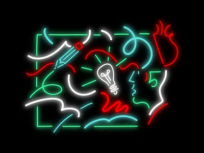 Creativity. Let it Glow! brain bright creativity dark flashy glow illustration illustrator ipad light bulb line art lineart lines minimal neon neon light neon sign procreate sketch vector
