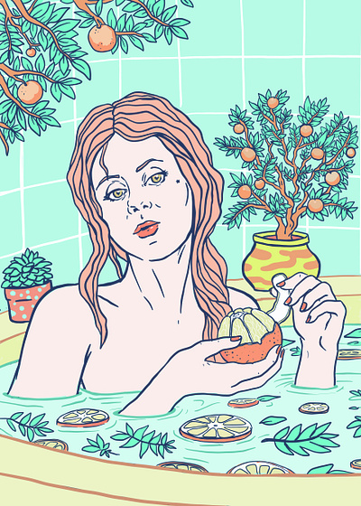 Selfcare illustration 3 The citrus Bath for CR Cosmetics bath bath art bath illustration bathroom citrus editorial editorial female fruits illustration oranges self care self love woman art woman magazine