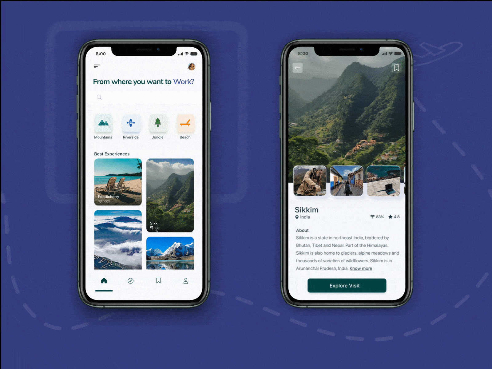 Work from Destinations app assistant bookingapp design mobile app design travel travelling app ui ux vacation