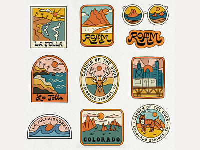 Outdoor Badges (rejected designs) adventure aquarium badge california colorado illustrated badges illustration merch mountains nature ocean outdoors roadtrip t shirt zoo