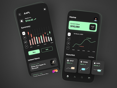 Stock management app design app colors creative creative agency dark app dark mode dark ui design figma hyfenstudio icon minimalism money app stock market stocks ui uidesign ux ux design uxdesign