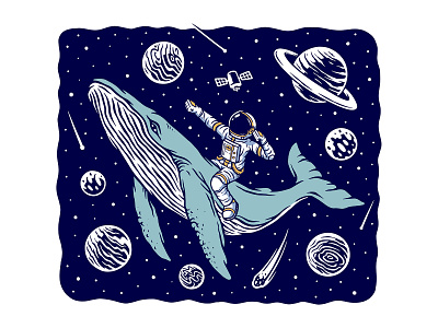 Astronaut riding a whale apparel astrology astronaut character design explore fish fly galaxy illustration journey planet riding space star travel typography universe vector whale