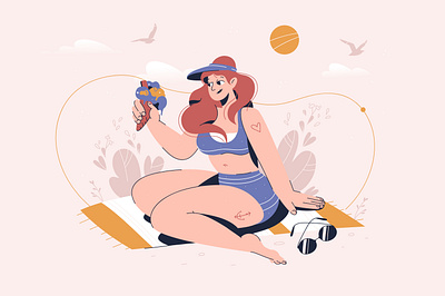 Vacation beach character concept female flat girl holiday ice cream illustration journey rest summer sun travel vector woman