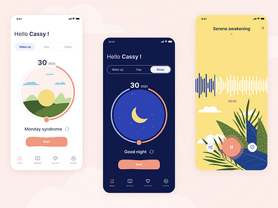 Meditation app circle cursor day design flat illustration iphone x meditation meditation app minimal mobile music music player night player random typogaphy ux