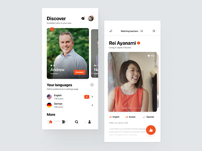 Find Your Tutor App - Matches app application carousel clean feature icons language learn like match navigation profile slider swipe teach teacher tutor ui ux widelab