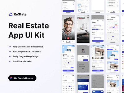 Restate - Real Estate App UI Kit animation app app ui kit broker building clean creativemarket home mobile mobile app motion motion graphics product propertyapp real estate real estate agency rent app sale ui kit ui8