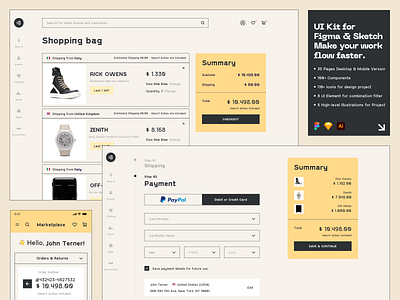 Marketplace UI Kit ✨ 18design branding clean clean ui illustration interface market marketplace minimal minimalism minimalist payment rick owens shop shopping summary typography uidesign usability ux