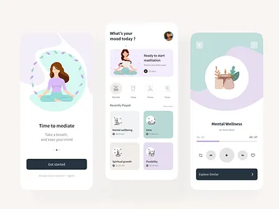 Meditation App homepage illustration meditation app music onboarding ui
