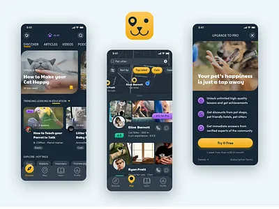 Happety - Pet App | Designflows 2020 Contest app bendingspoons dark mode dark ui designflows ios iphone mobile app pet pet app pet care pet love ui