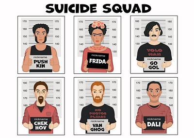 Suicide Squad characterdesign chekhov dali frida fun funny gogol illustration jail nickname nophotosplease prisiner pushkin suicidesquad teenager teens vanghog vector yolo yoloman