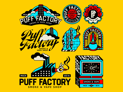 Puff Factory badge brand brand identity branding brick bricks clock clouds design factory gear hand hands michigan pipe rainbow smoke tattoo vape vintage