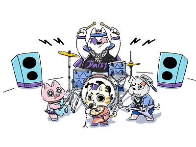 SunnyTaro - First Development Illustrations cat dog drum and bass drums guitar piggy rock band taro