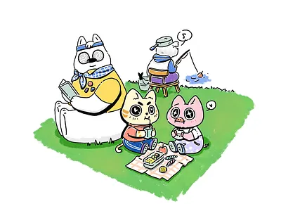 SunnyTaro - First Development Illustrations bear cat cookies dog family friends illustration pan picnic piggy