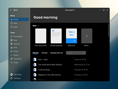 MS Word in Dark Mode (Part 2) acrylic blur clean concept dark mode dark theme fluent fluent design glass microsoft microsoft word minimal redesign texture ui ux windows word