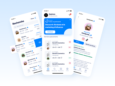 Akrobate - Mobile app blue blue and white bootnow clean clean ui figma influencer influencer marketing instagram list marketing minimal tiktok ui ui ux uiux