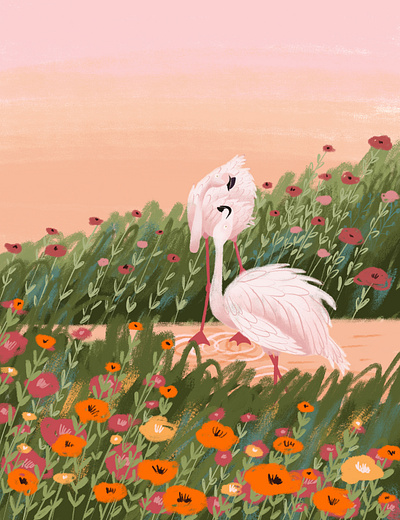 Flamingos in love adobe photoshop art bird character digital art digital illustration drawing flamingo flowers green illustraion love river summer