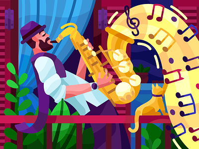 Saxophonist balconymusic illustration jazz melody musica musician note people saxophoneplayer saxophones saxophonist vector