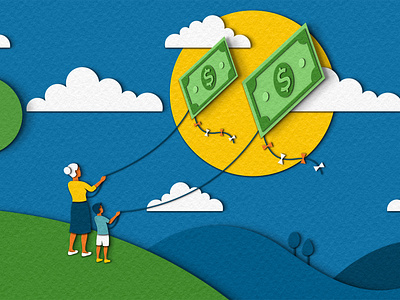 Synchrony Bank - Grandkids and Money design editorial financial grandchildren grandkids grandmother illustration kites money people woman