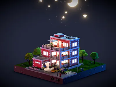 Red Building 3d building cartoon character city illustration isometric kovalev lowpoly prilepskaya