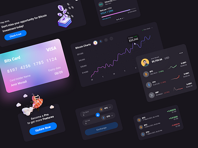 Crypto Dashboard Component Design bitcoin component crypto crypto currency crypto wallet cryptocurrency dark dark app dark mode dark ui dashboard design dashboard ui ethereum