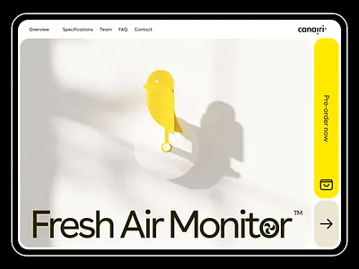 Canairi Hero Header Redesign | Fresh Air Monitor bird clean design fresh air gadget fresh air monitor hero header hero section icon landing page minimal pre order shop typography ui ui design ux ux design web web design website yellow