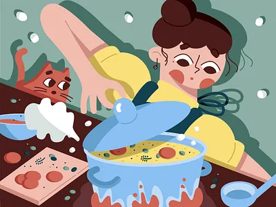Cooking soup 🍲 adobe illustrator cat character cook cooking girl illustration kitchen saucepan soup vector woman