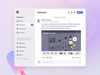 Product highlights avatars comments emojis feed feedbacks filter highlights player product profile reactions sidebar social timeframe ui updates user video